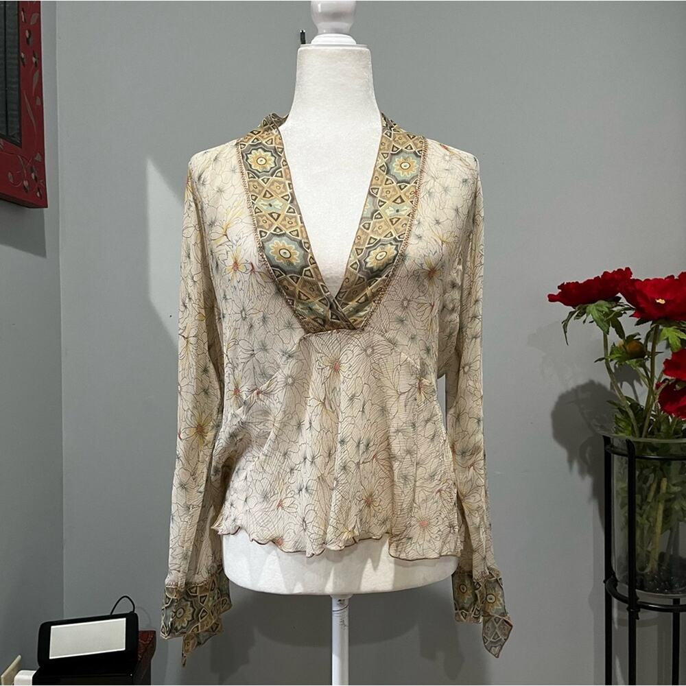NEW J. Jill Silk Boho Floral Flutter Ruffle V-Neck Sheer Butterfly Sleeve Top MP